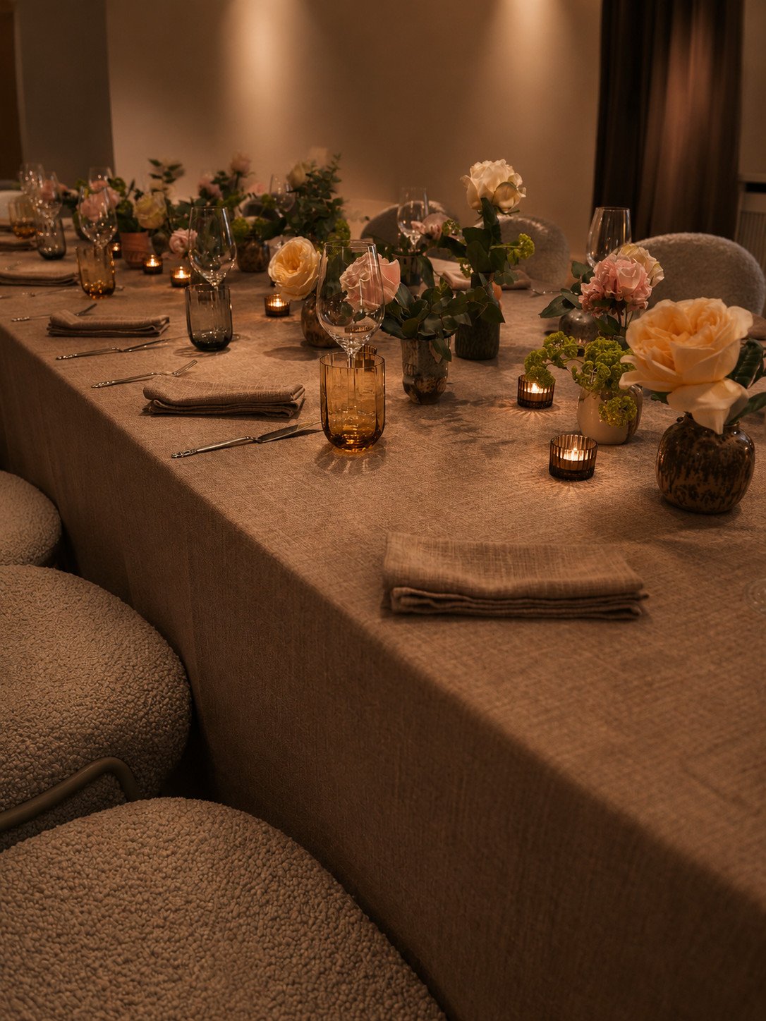 Elegantly set table at a discreet private dinner in Munich
